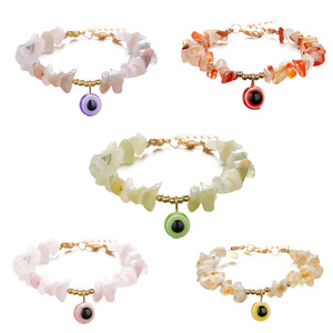 Hot selling natural irregular gravel bracelet lobster buckle adjustable colorful with <strong>eviled</strong> eye pendant bracelet for good luck