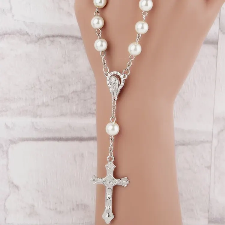 Braccialetto croce a buon mercato religioso rosario cattolico perline di cristallo di vetro