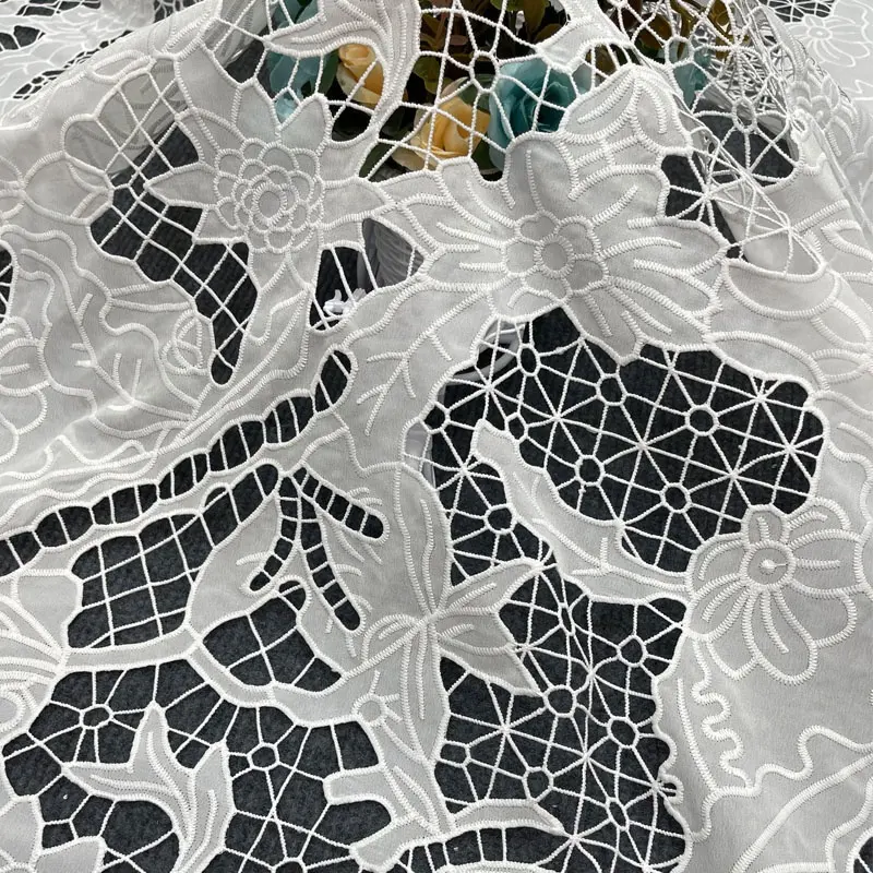 Tela de tul de encaje bordado con flores francesas, Material de gasa de poliéster blanco para cojín