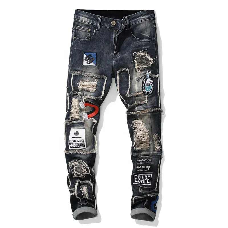 Erkekler rahat pamuklu Denim düz Slim Fit Rap Harajuku Biker Jean, erkekler için nakış denim kot punk rock kot pantolon Patchwork