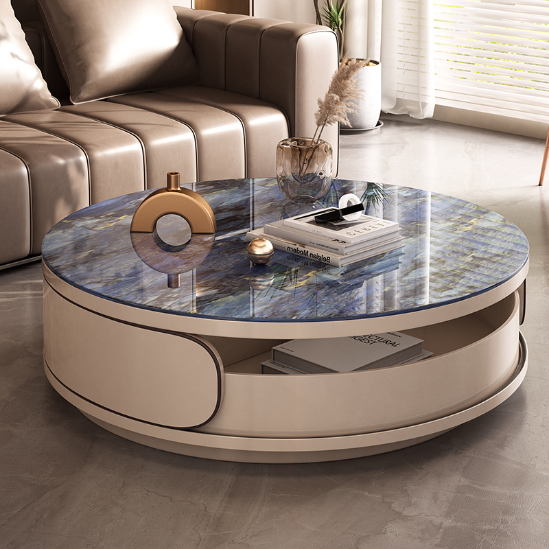 Table basse à double rangement, surface en pierre bleu vent crème, 90 cm.
