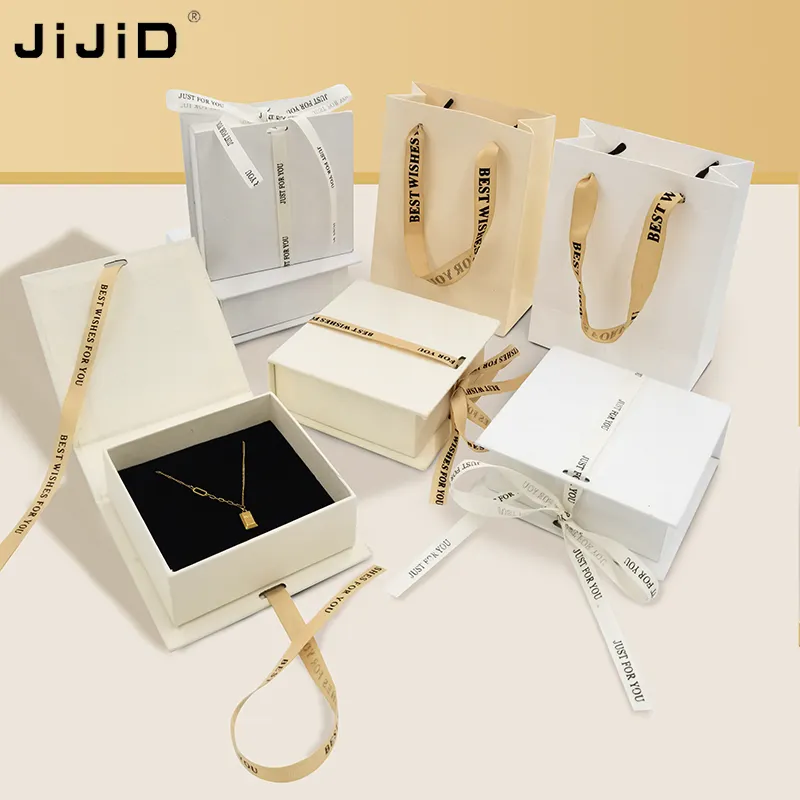 JIJID Atacado Caixas de presente com logotipo personalizado, anel, brincos, colar, pulseira, joias de luxo, embalagem pequena com fita