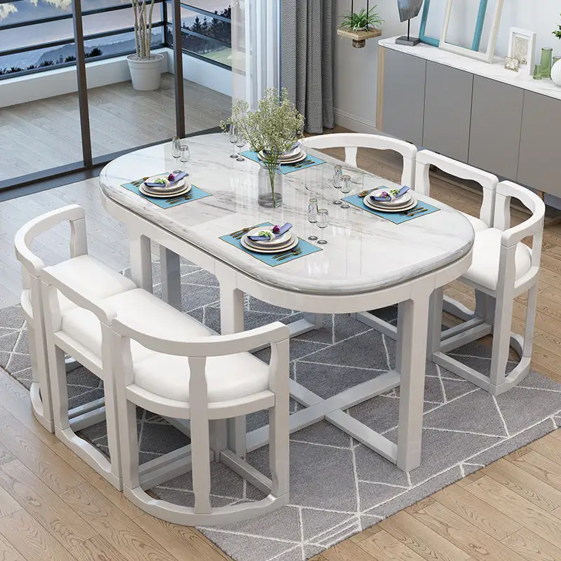 Household marble chair combination simple modern villa apartment dining room solid wood invisible eating small dining table