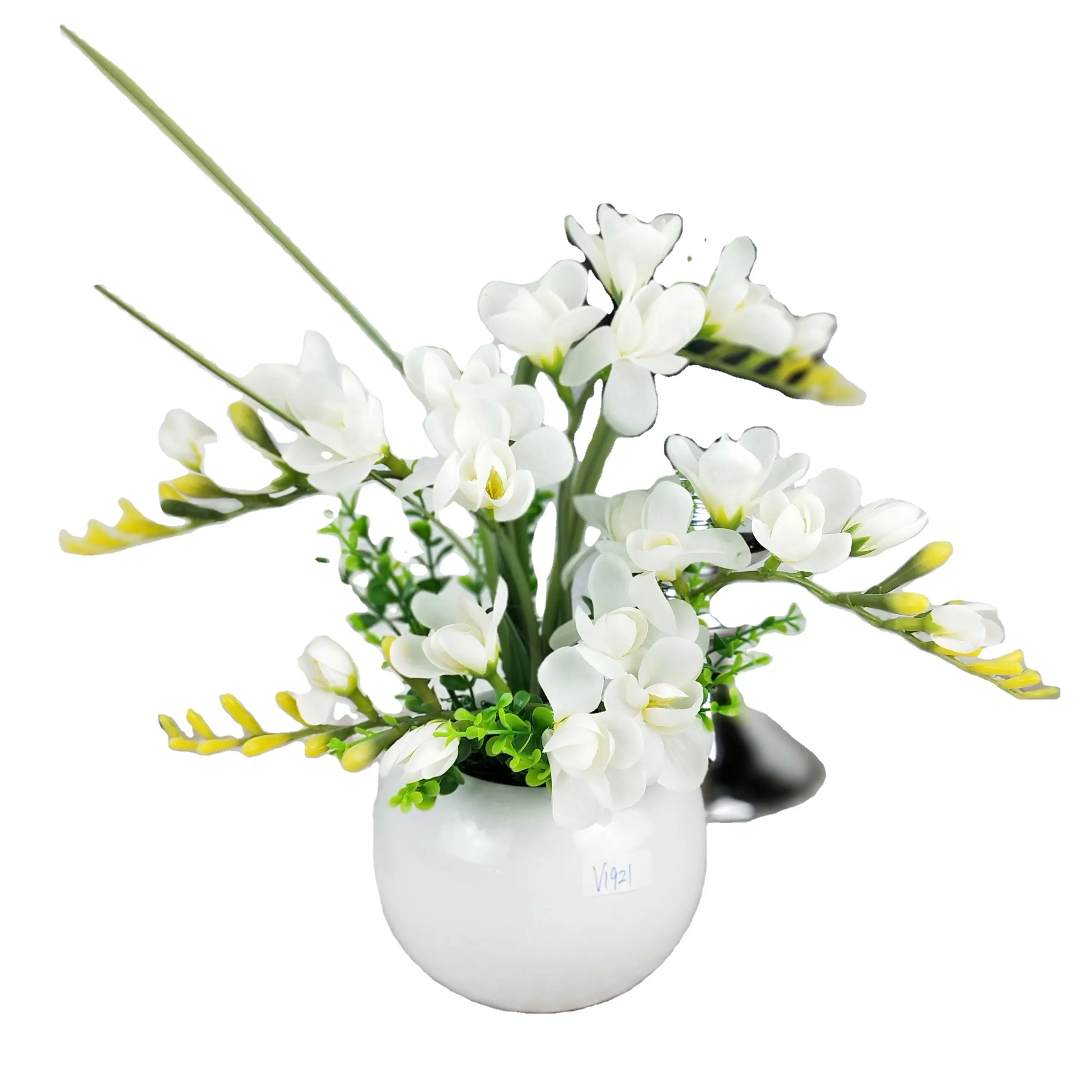 Arranjos de flores artificiais, arranjos de flores artificiais com pote de cerâmica redondo branco para mesas de mesa decorativas