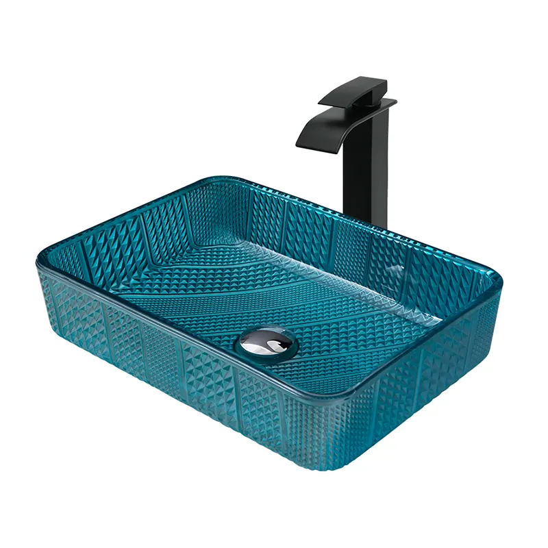 Fregadero rectangular de cristal para baño, lavabo de mano de Color azul oscuro
