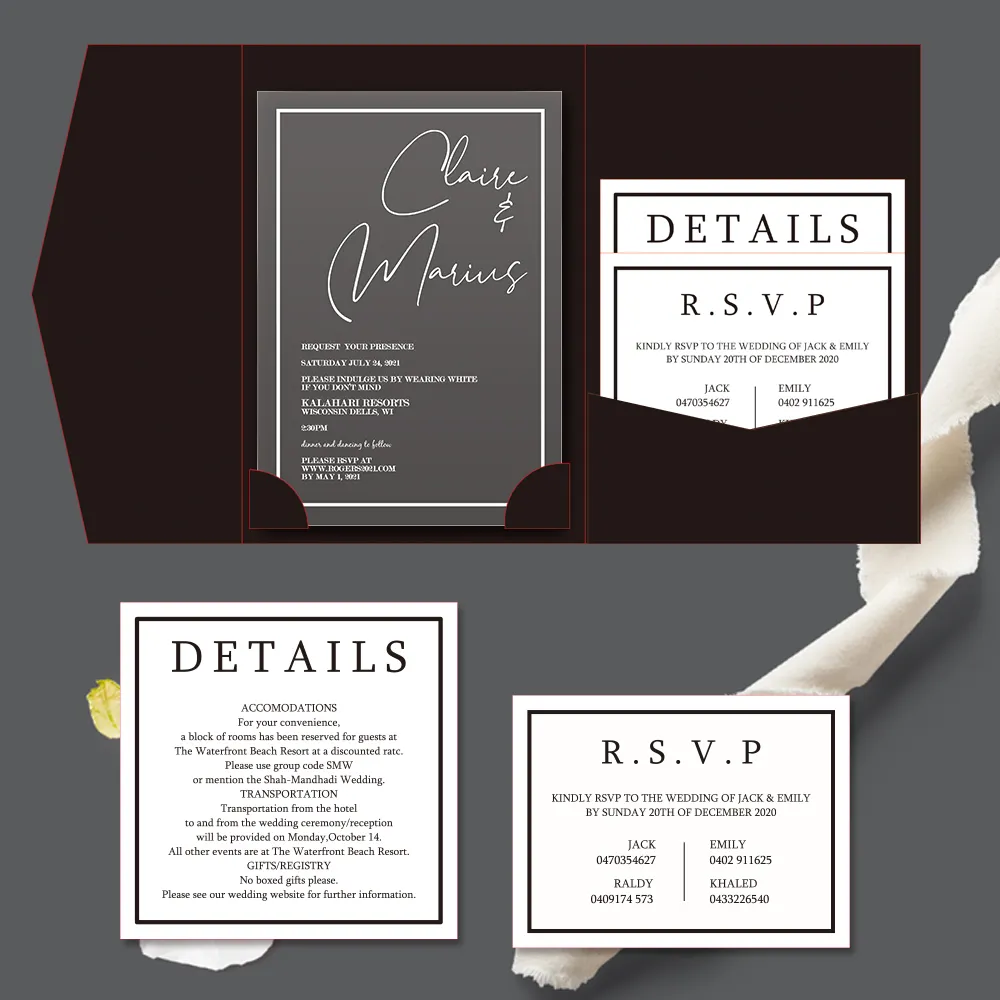 Cubierta artesanal de papel con diseño de bolsillo de tres pliegues para invitaciones acrílicas transparentes con impresión de tinta blanca y tarjeta RSVP