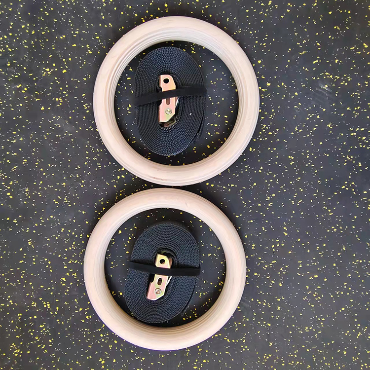 wooden rings and black straps