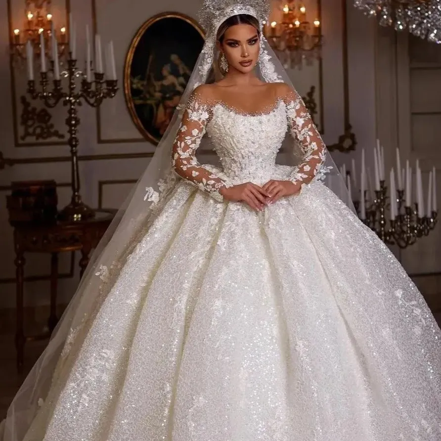 Vestidos de casamento luxuosos dubai, vestidos de casamento de mangas compridas, lantejoulas, gola pura, apliques, glitter, tule, de noiva