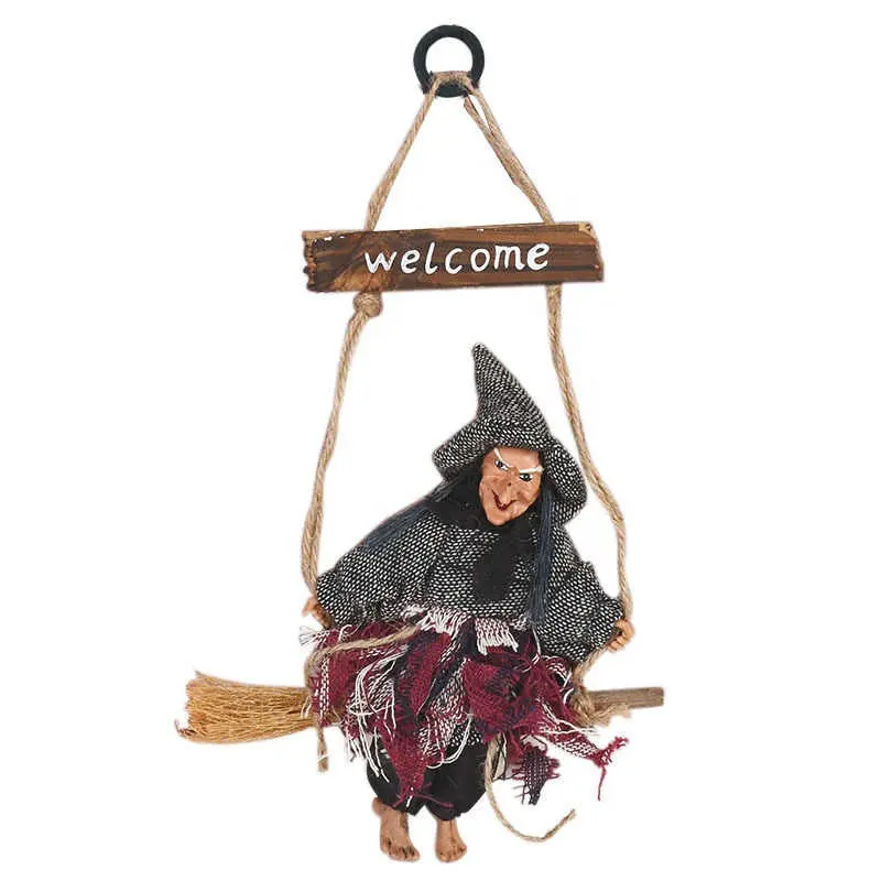 Halloween Horror Witch Doll Hanging Ornaments Flying Witch with Broom Pendant Halloween Party Decoration for Home DIY Wreath