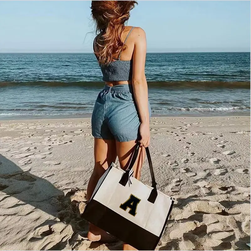 TOP אישית ראשוני בד תיק חוף בד כותנה שקיות קניות בד עם מונוגרמה תיק חוף מתנה לנשים