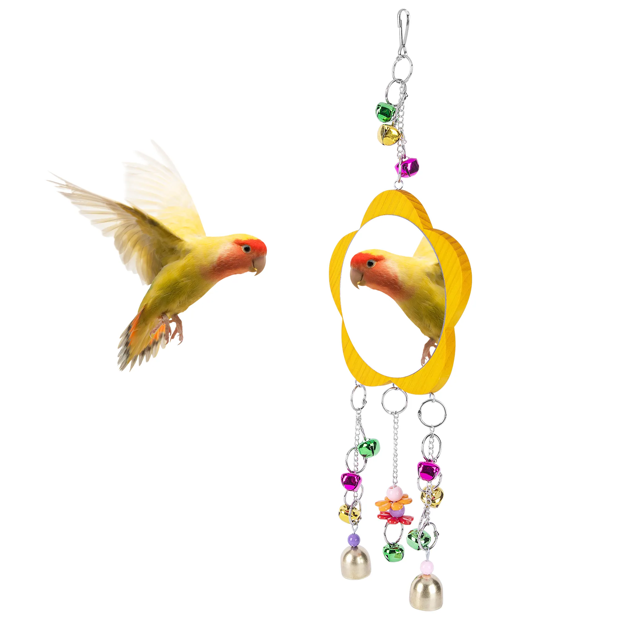 Espejo de pájaro con campana para mascotas, juguete interactivo para loros, jaula para pájaro pequeño, columpio para masticar, canarios