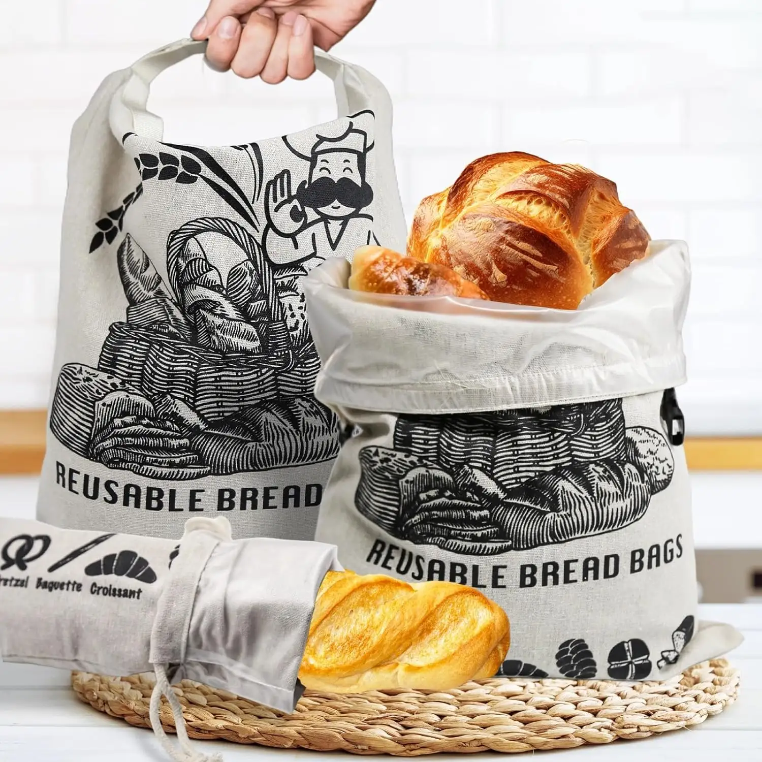 Bolsa de pan de lino orgánico con logotipo personalizado reutilizable con doble forro