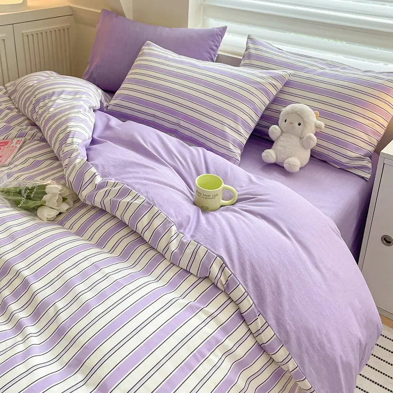 Venta directa de fábrica Sábana de cama con estampado de rayas nórdicas Tipo Sábana Juego de cama de cuna 4 piezas de algodón