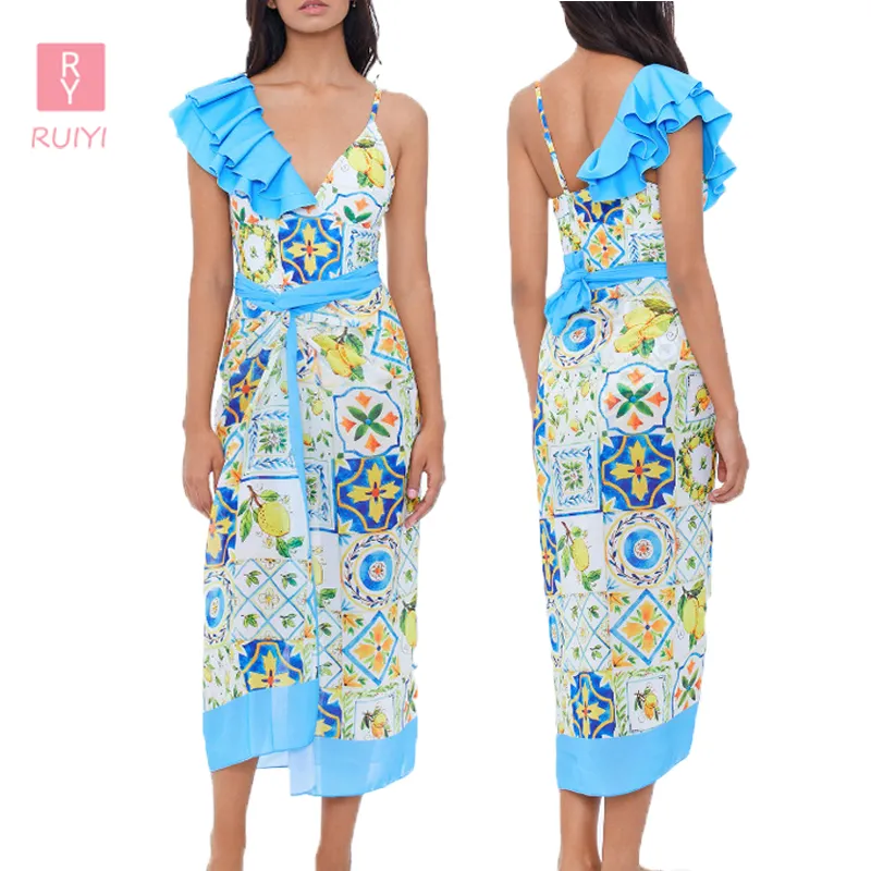 RUIYI, trajes de baño con estampado de flores, vestido Hawaiano, traje de baño con volantes, traje de baño de una pieza