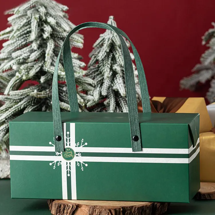 Caja de cartón de diseño portátil con mango reciclado, embalaje personalizado de lujo, solución de papel de regalo de Navidad