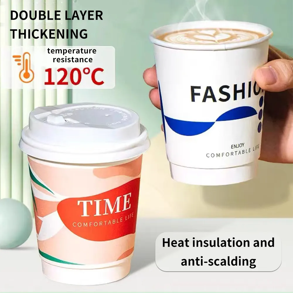 Custom Printed Disposable Bubble Tea Paper Cups Coffee Double Wall Takeaway Paper Cups With Lid