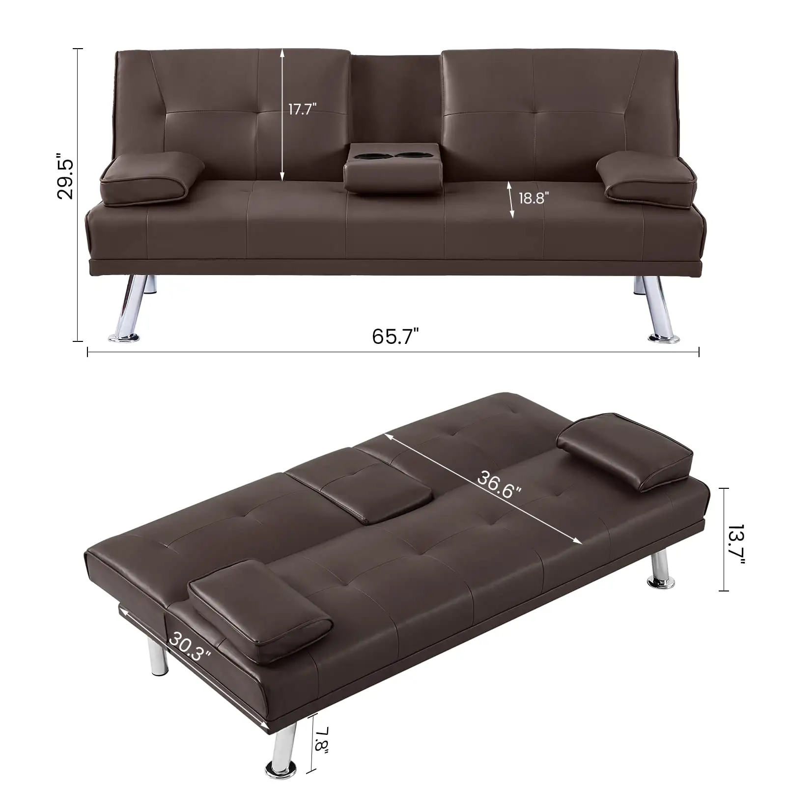 Versatile Faux Leather Futon Upholstered Sofa Bed Adjustable Design for Small Spaces Removable Armrests Brown Finish