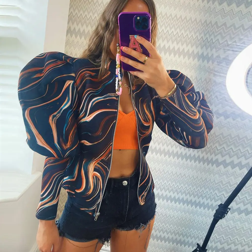 Drop Shipping Wholesale Best Sell Fashion Puffer Sleeve Printed Short Cropped Puff Jacket Coat Women's Jackets