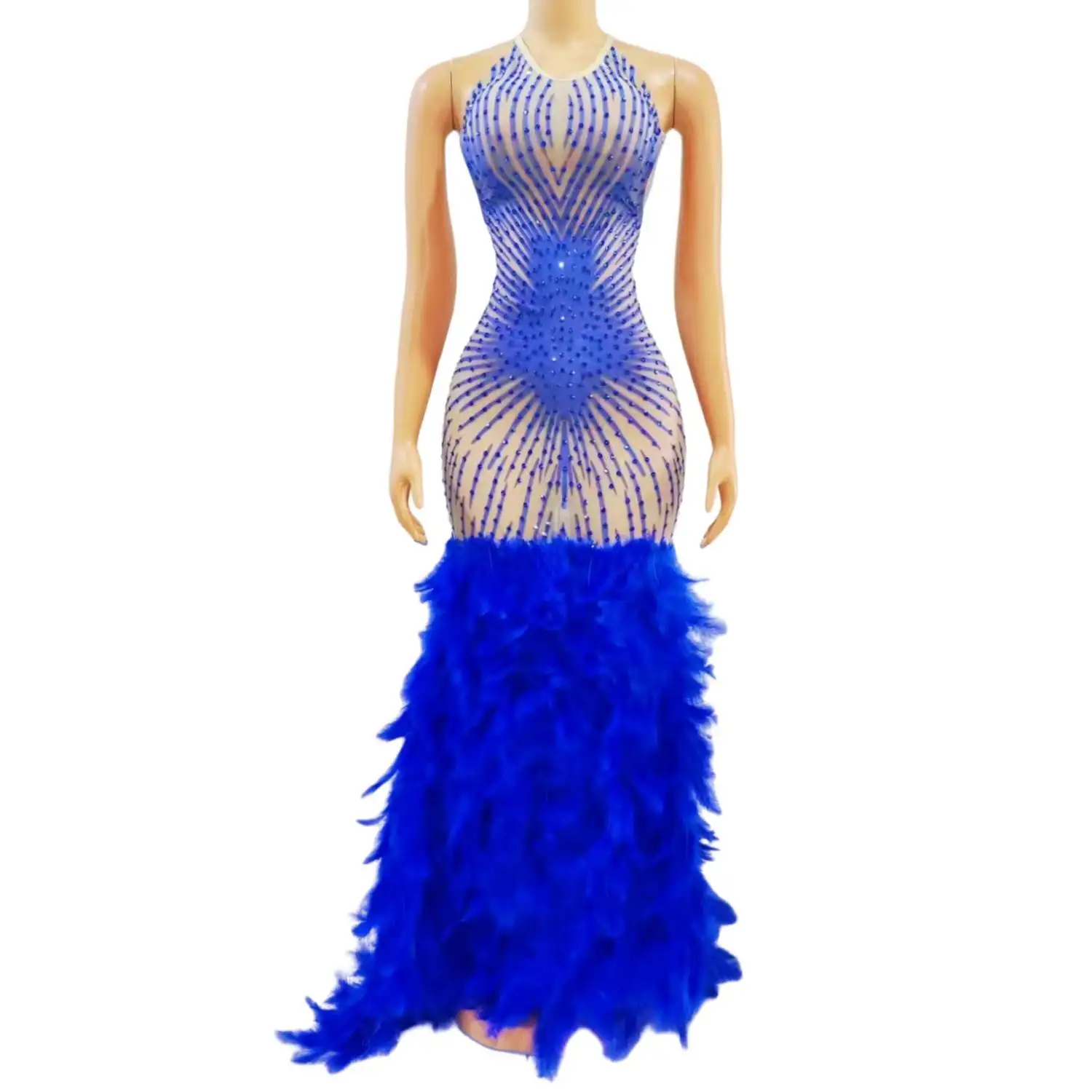Gaun pesta bulu kristal transparan mewah, gaun Formal Prom, gaun malam putri duyung ulang tahun punggung terbuka untuk wanita 2023
