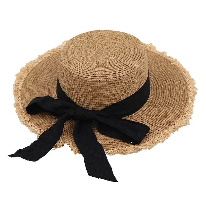 OEM all'ingrosso moda grande tesa fiocco nodo vacanza eleganza tessere paglia boonie cappello estivo donna spiaggia signore cappelli per il matrimonio