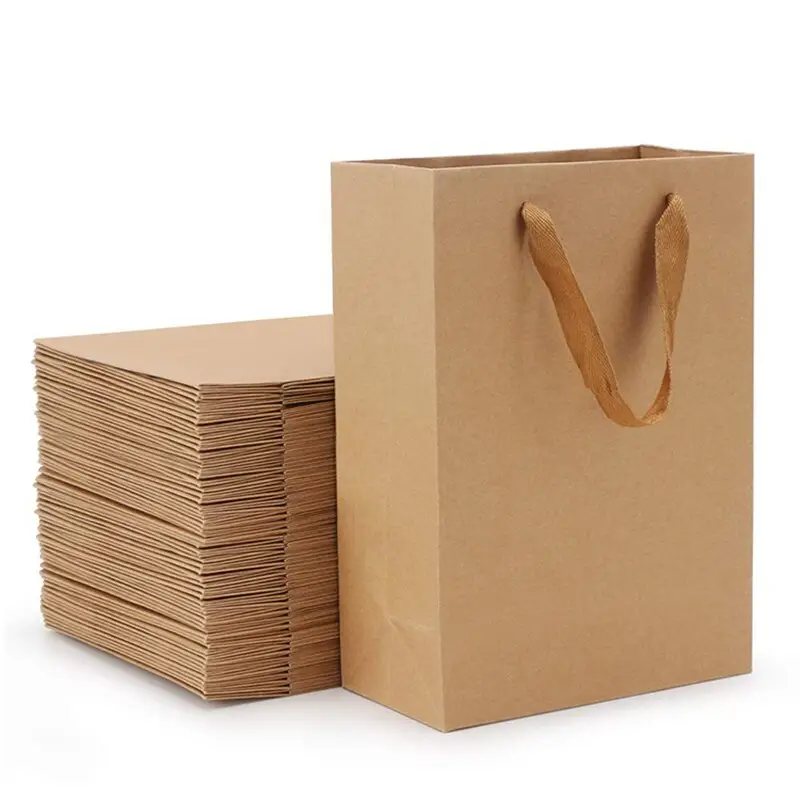 Оптовая продажа, экологически чистые коричневые пакеты из крафт-бумаги, белая сумка для покупок из крафт-бумаги с плоскими ручками