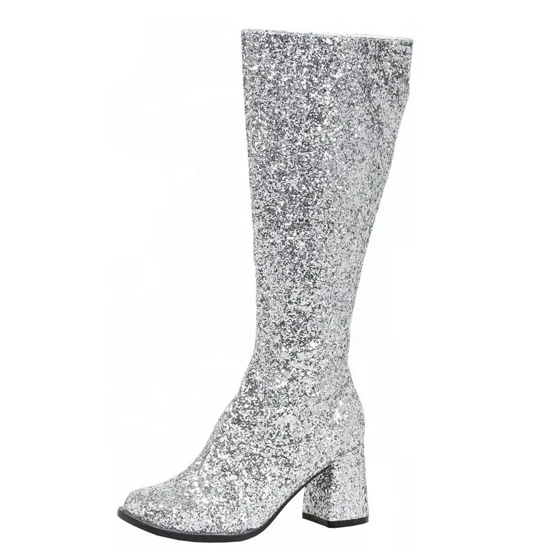 Costumes 60s 70S Square Heels Knee Booties Glitter High Calf Boots Chunky Heel Gogo Boots for Women