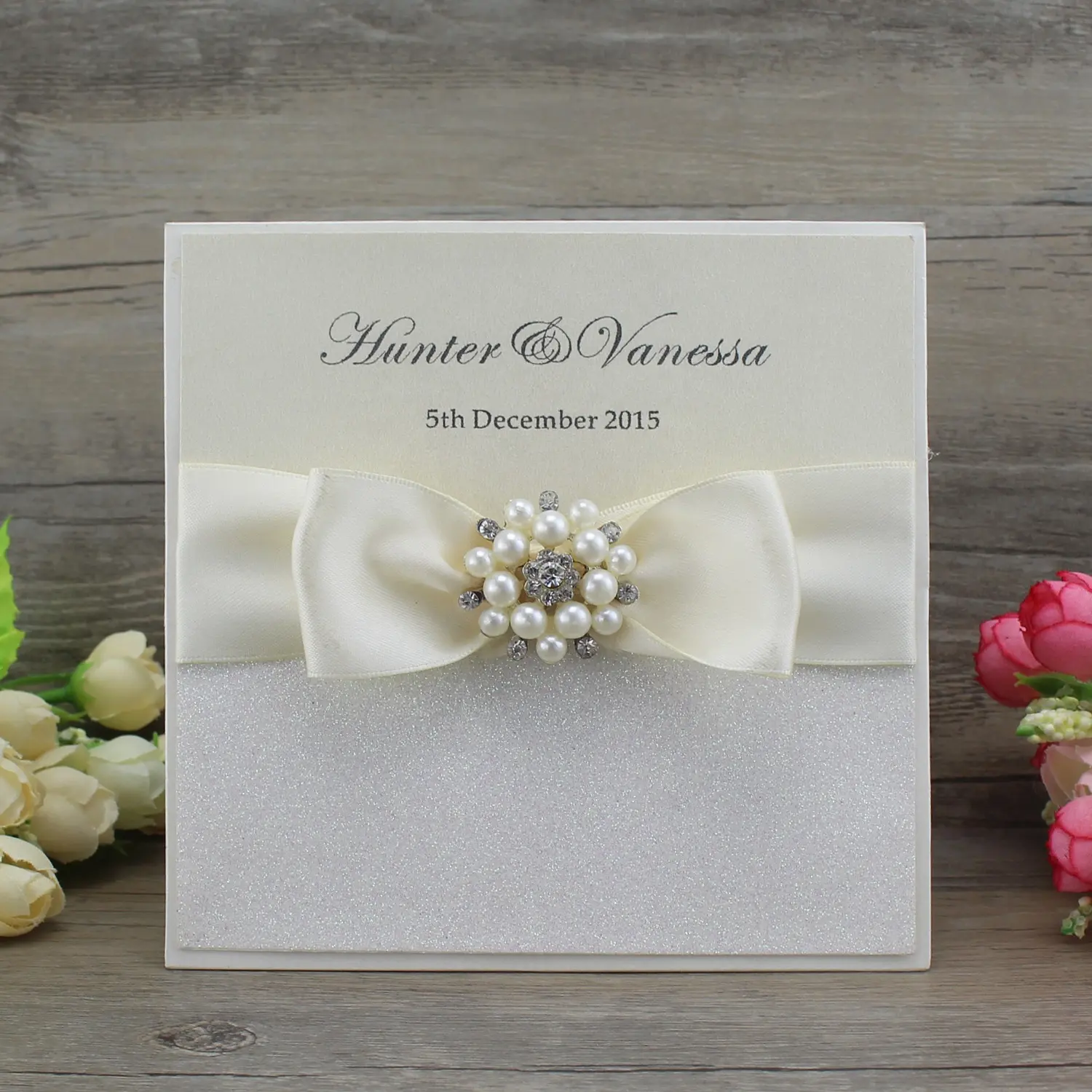 Hebilla de perla personalizada, Lazo de cinta Beige, purpurina, invitaciones de boda