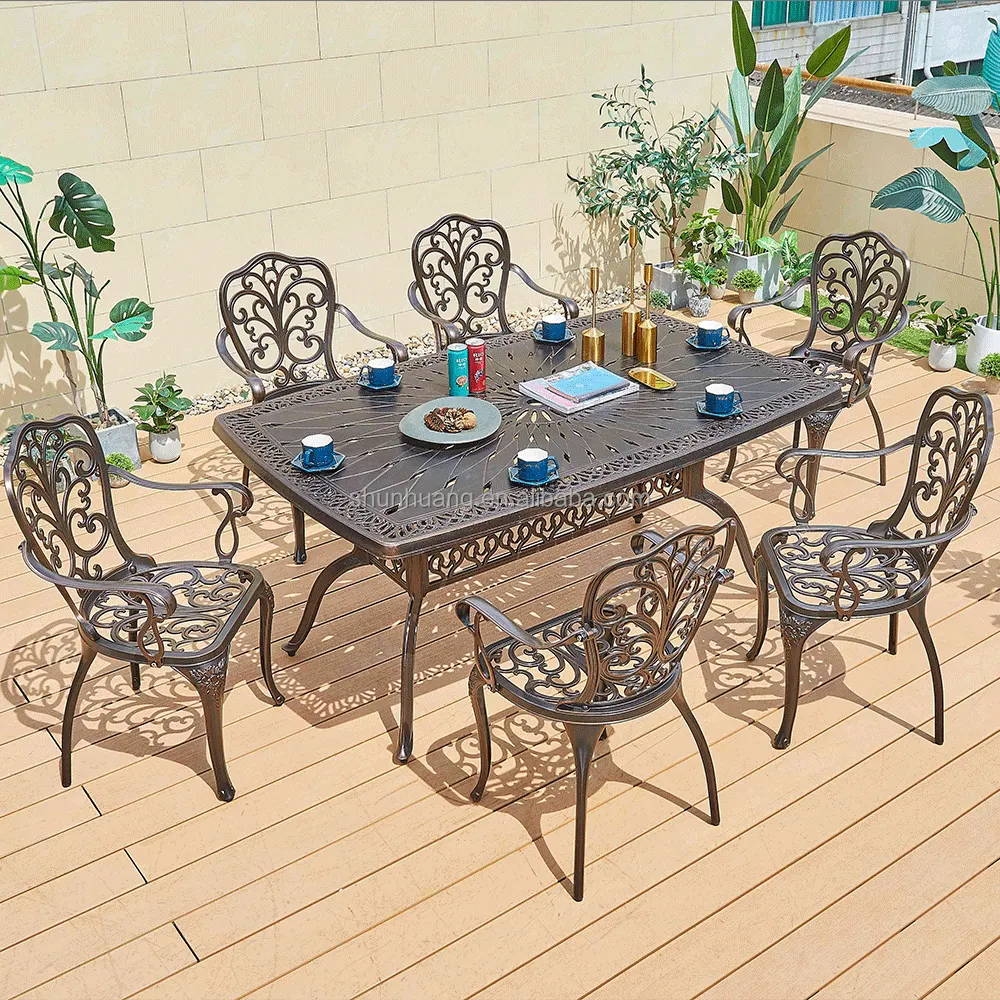 Hochwertiger Garten aus Aluminium guss Metall möbel Ess-Sets mit quadratischem Tisch