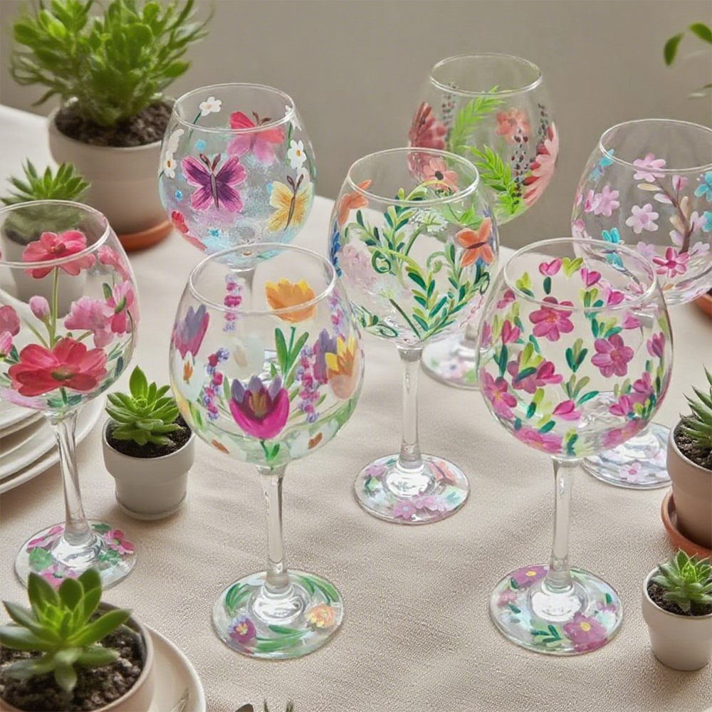 Verre à vin à tige torsadée avec motifs variés : marguerite, rose, papillon