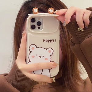 2022新しいデザインかわいいパターン携帯電話シェルベアレンズカバーミラーホルダーケースiPhone14 Pro Max 14 Plus 13 Pro