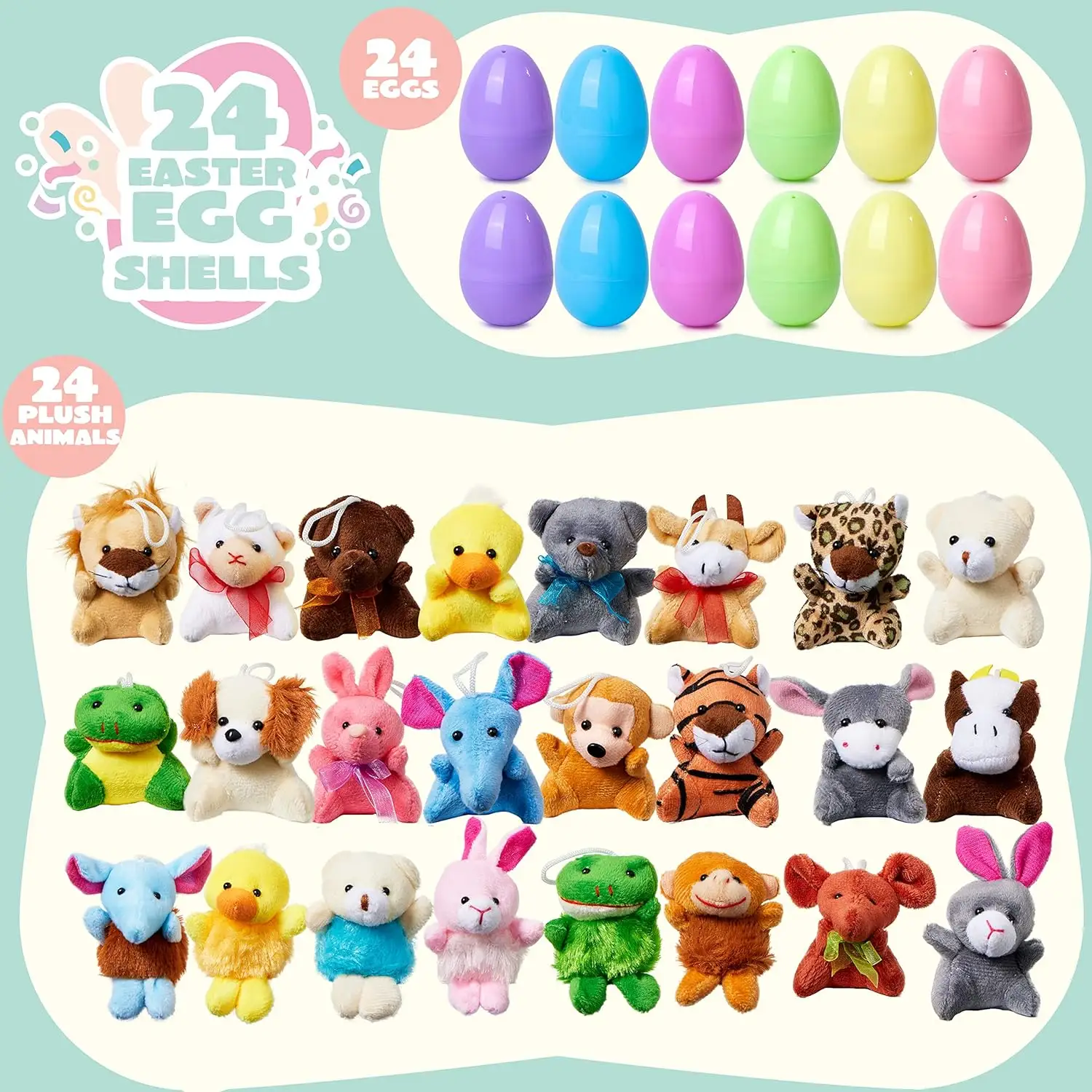 JOYIN 24 Pack Prefilled Easter Eggs of Mini Stuffed Animal Plush Toys Easter Baster Stuffer for Kids Easter Egg Hunt