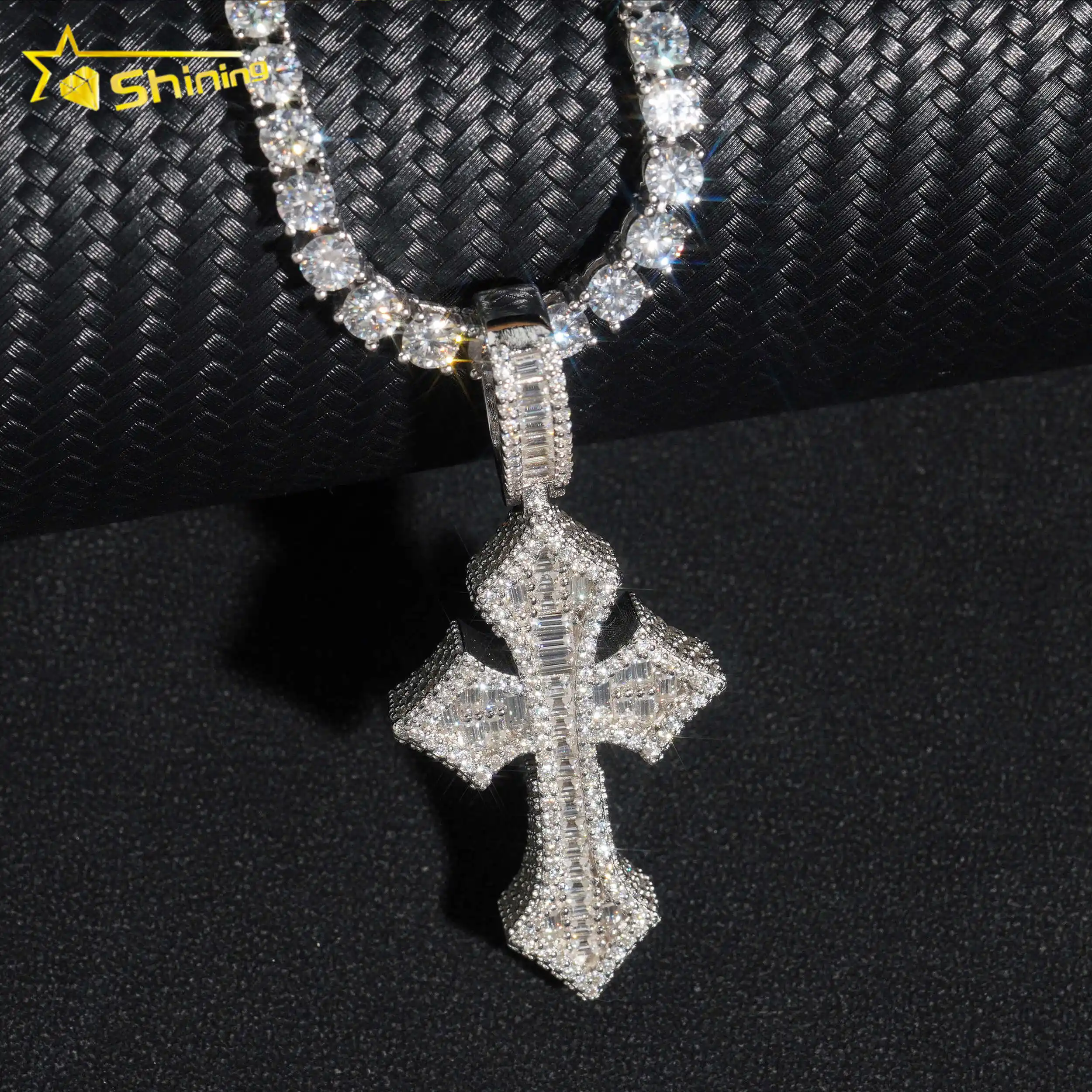 Wholesale luxury baguette diamond pass diamond tester 925 silver hip hop iced out vvs moissanite cross pendant