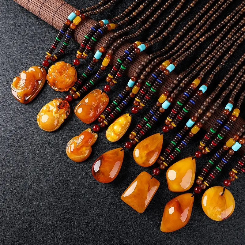 SC nouveau collier de chaîne de perles nationale Vintage, chaîne de pull Wenge à la mode, pendentif en cire d'abeille pour femmes et hommes