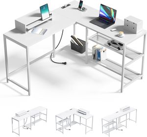 Mesa de ordenador blanca en forma de L, escritorio de esquina de oficina y juegos con tomas de corriente, soporte para monitor y estantes de almacenamiento para uso doméstico - Product Image 2