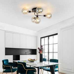 Modern <strong>Design</strong> Amber Color Glass Ball Ceiling Lamp 5 Heads Metal Plate Pendant Light Surface Mounted <strong>LED</strong> Chandelier - Product Image 2