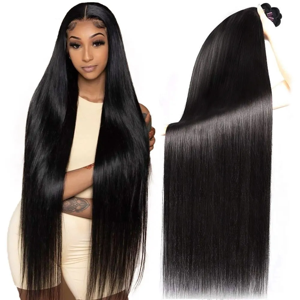 Extensiones de cabello humano liso para mujeres negras, mechones de pelo Remy indio de hueso, 32, 34, 36, 38 y 40 pulgadas, 1/3/4 unidades