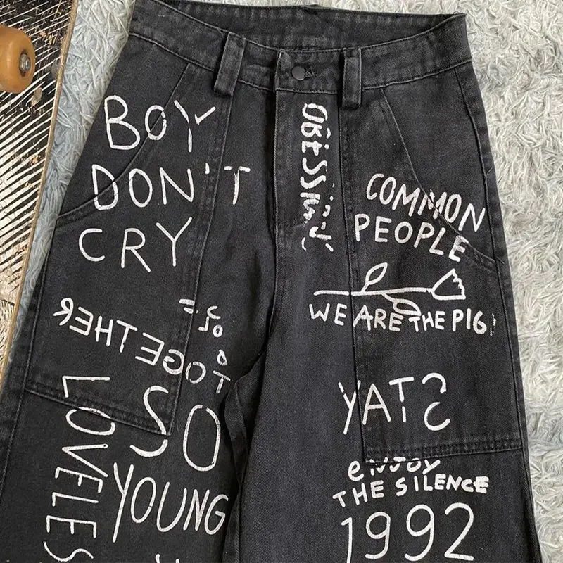 Ropa de calle personalizada, pantalones de Hip Hop, pantalones vaqueros de hombre con grafiti serigrafiados, tendencia estilo INS, pantalones vaqueros holgados de corte holgado, pantalones vaqueros para niños