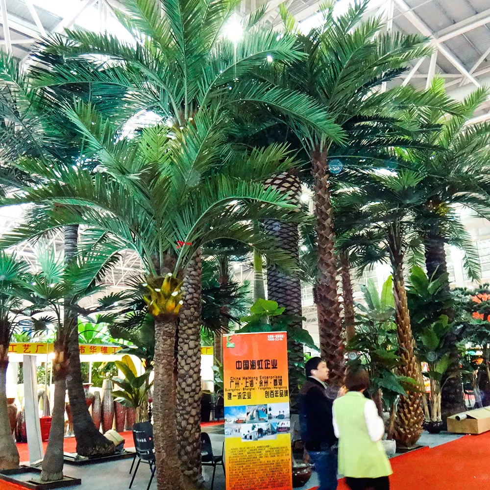 Palmeira artificial anti-uv, palmeira artificial de fibra de vidro para jardim ao ar livre, coqueiro tropical falso, piscina redonda, palmeiras artificiais para o litoral