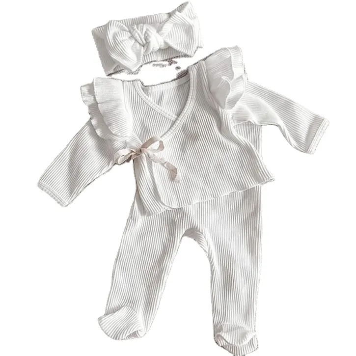 Conjunto de roupas para bebês recém-nascidos com babado, calça com pés, conjunto de duas peças, manga comprida 100% algodão, com babado, branco, para meninas, totalmente original, sólido