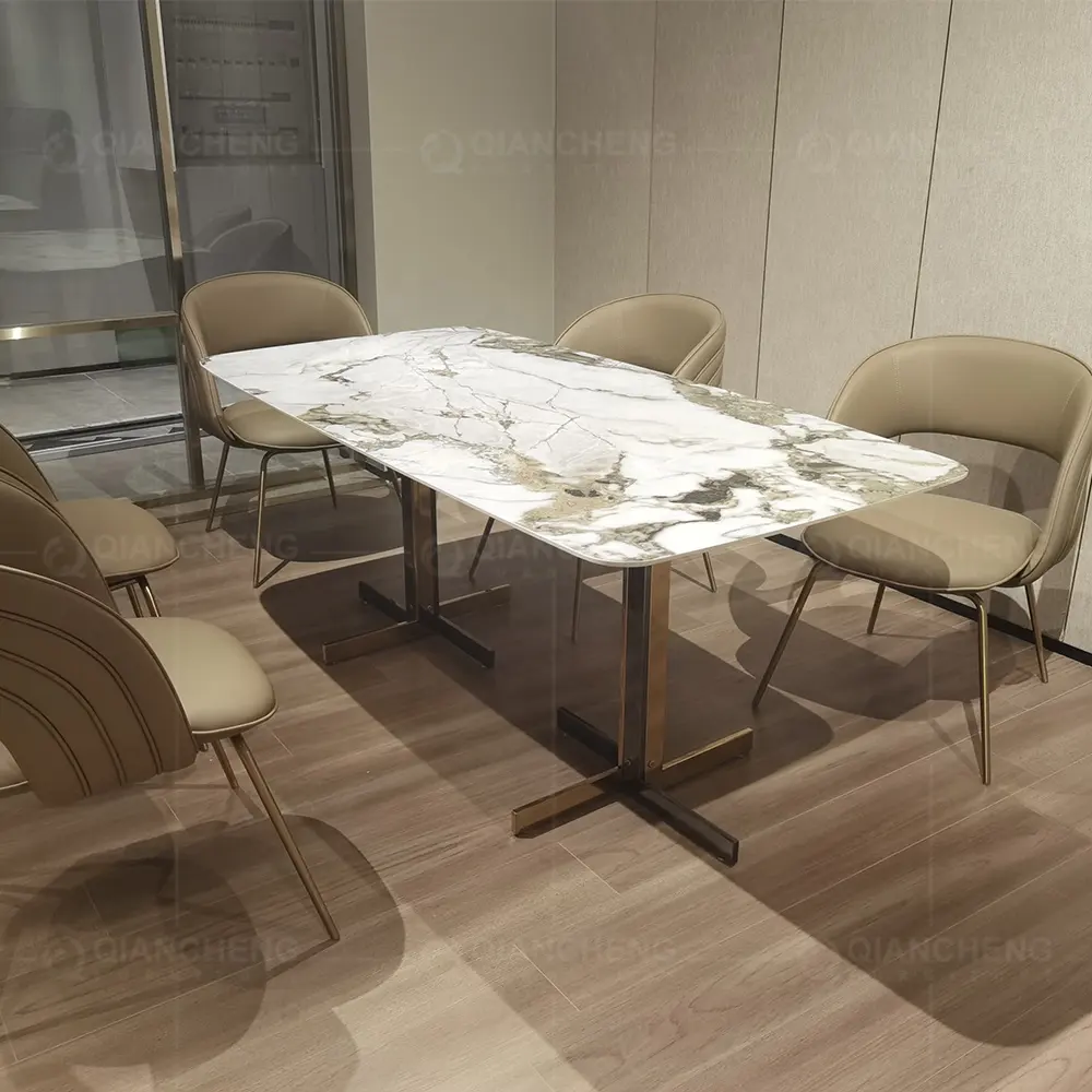 Muebles de mármol de 12 plazas, juego de mesa de comedor francés y plateado, diseño Popular para restaurante