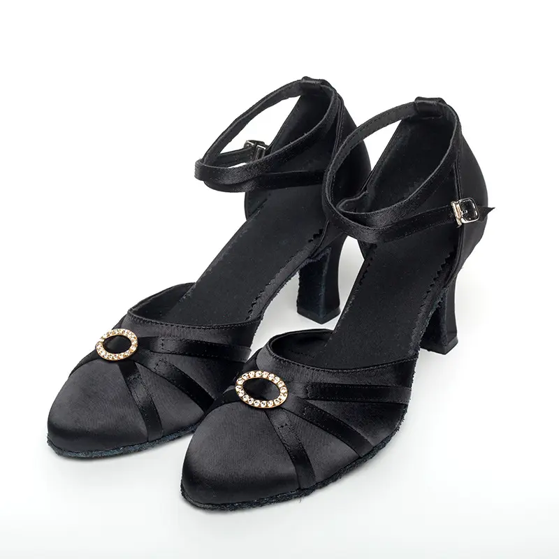 Kadın yeni yüksek topuk matkap toka Modern siyah yumuşak alt Latin nefes saten dans ayakkabıları