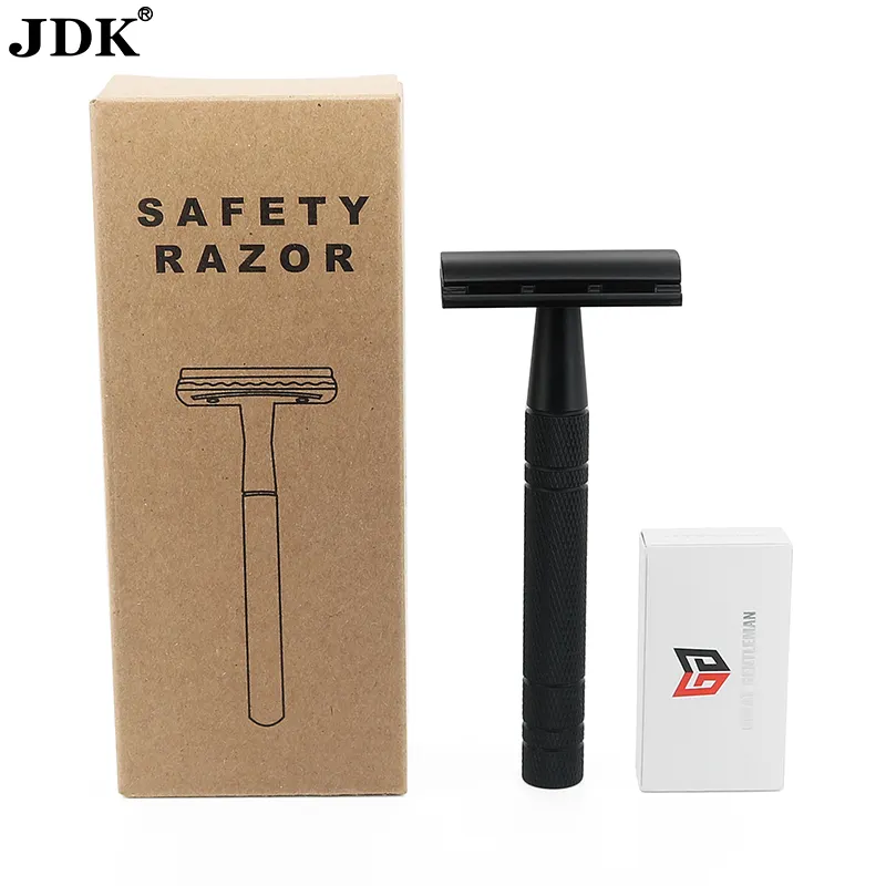 JDK pisau cukur pria, harga pabrik Logo kustom gagang logam hitam Matte Profesional tepi ganda