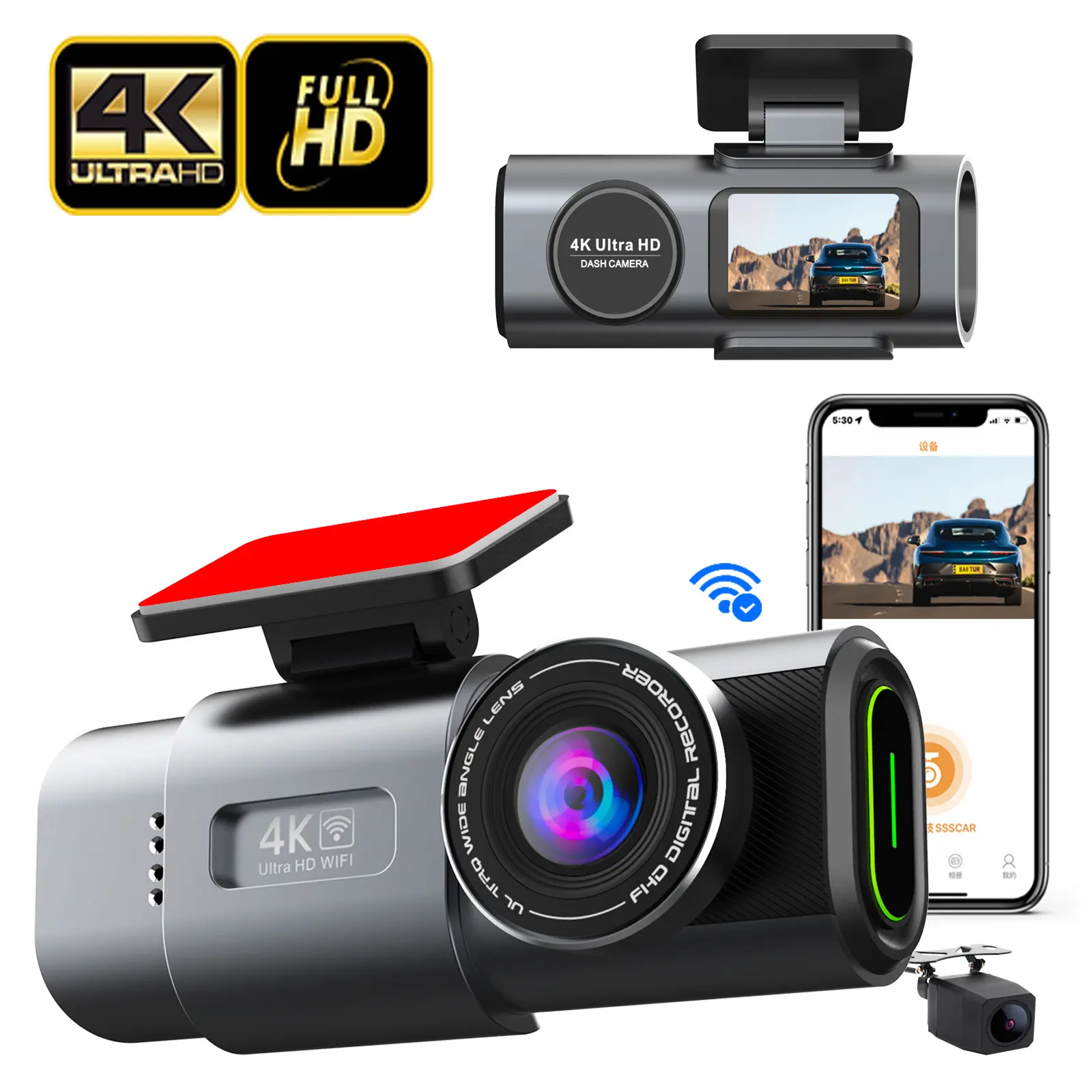 كاميرا داش ذات مسجل فيديو رقمي للسيارة الصغيرة كاميرا مزدوجة 4k واي فاي نظام تحديد المواقع عدسة أمامية وخلفية مزدوجة كاميرا داش 4k كاميرا صندوق أسود للسيارة كاميرا داش 4k