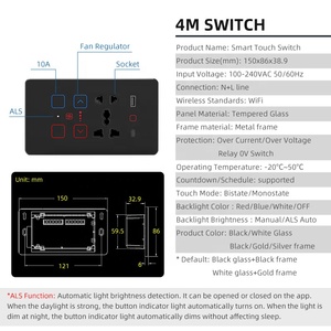 Tuya Smart WiFi ventilador ajuste 6 y 8M Interruptor táctil aplicación Control remoto Control de voz 10A 240V Smart Life interruptor de pared de vidrio India - Product Image 4