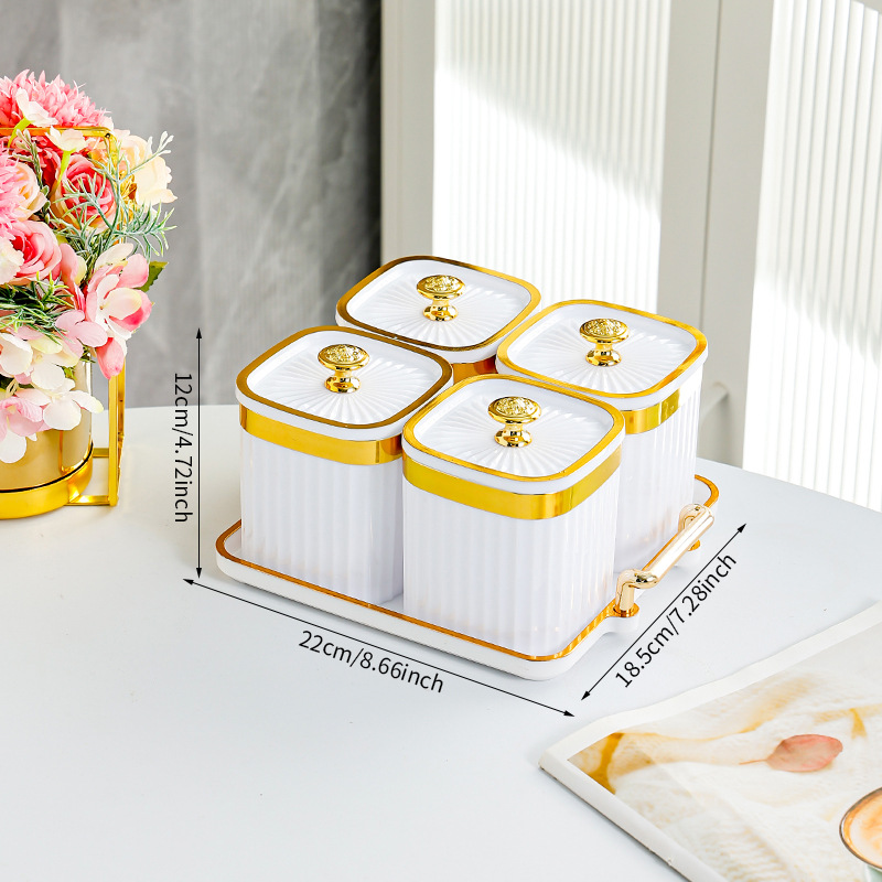 Porcelain White Square Jar with 4 Compartments - T-shaped Gold Handle