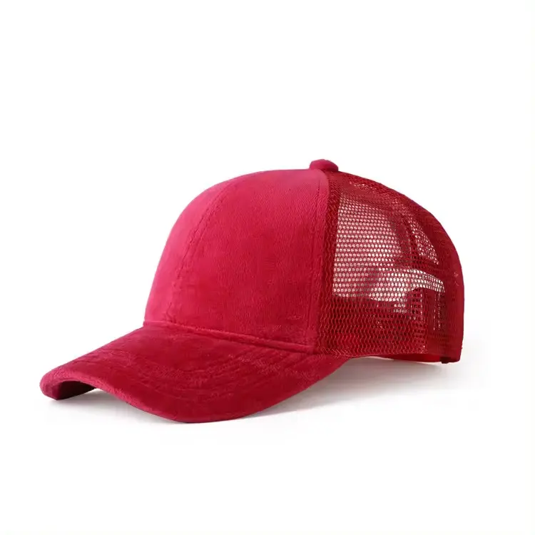 Özel kırmızı beyzbol örgü şapka kapaklar kadife örgü nakış logosu boş saf yetişkinler işlemeli 5 Panel şoför şapkası