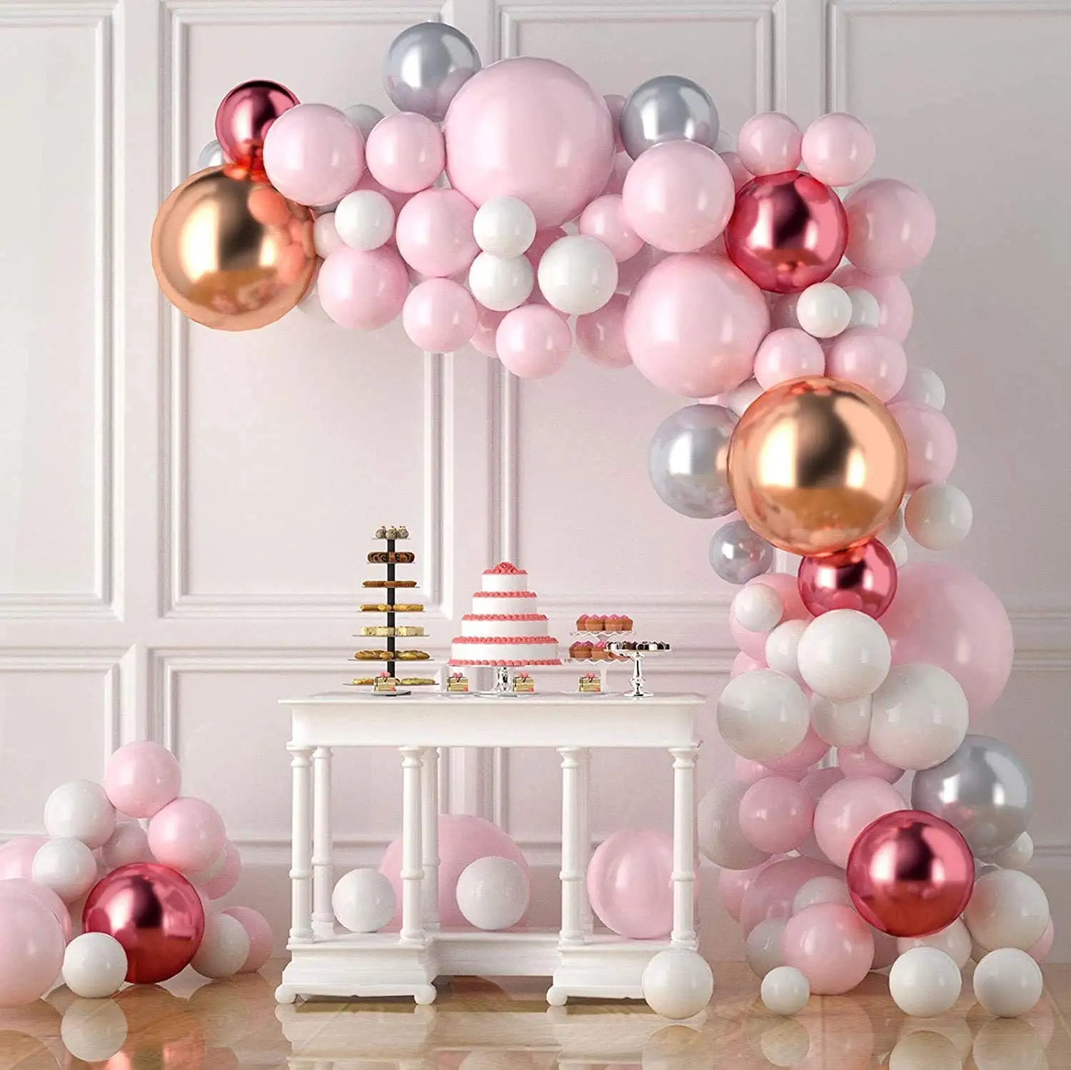 Kit de balões 109 peças, balões pastel macaron rosa, arco de guirlanda, metálicos, vermelho, prata e branco, para festa de chá de bebê
