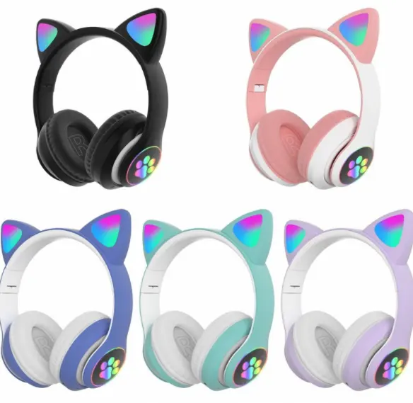 Fone de ouvido fofo de gato com orelha, headset confortável com luzes coloridas BT-70