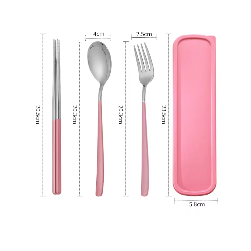 Ensemble trois pièces rose argenté (cuillère + fourchette + baguettes + boîte)