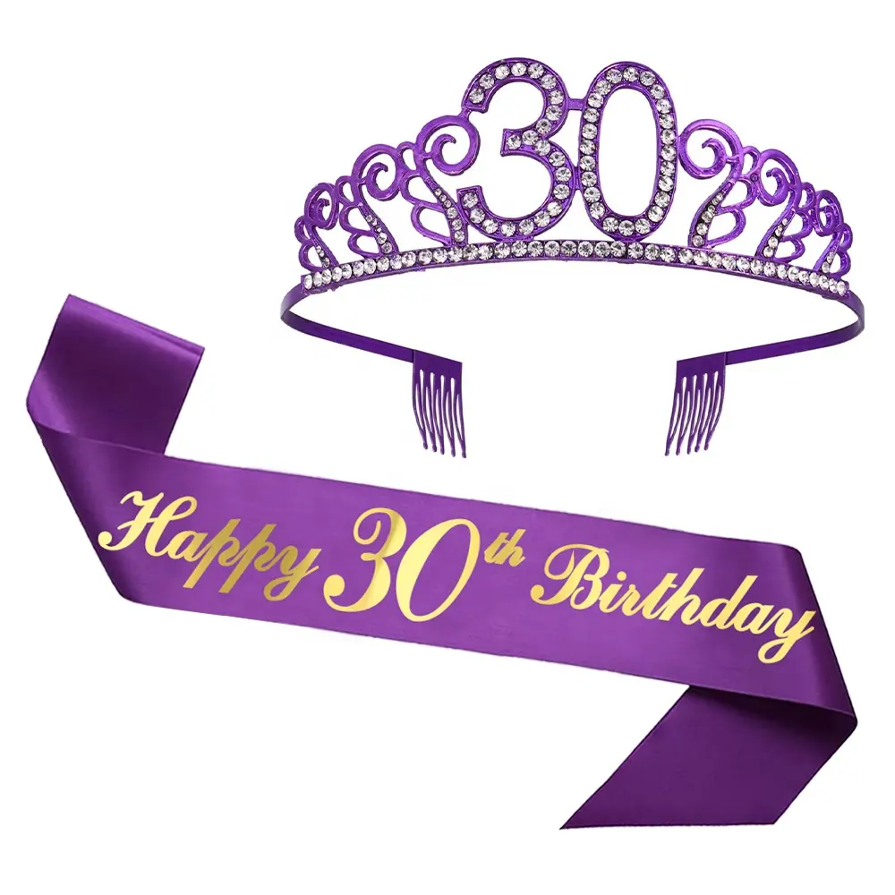 SKJIAYEE — décorations d'anniversaire violettes, kit de diadème en satin et en strass, pour anniversaire, 16 à 80 ans, Stock